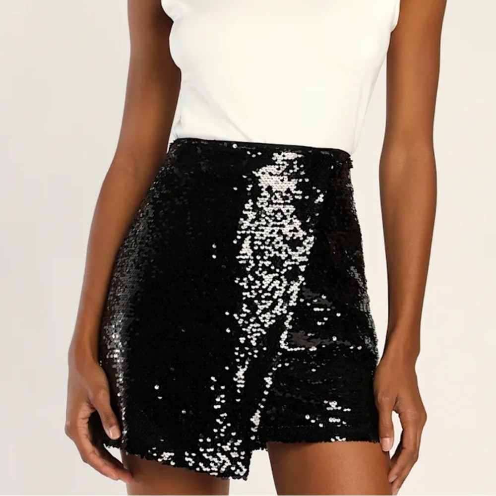 Lulus Dash of Glam Black Sequin Faux Wrap Mini Skirt, Medium